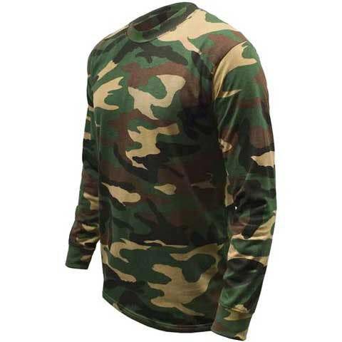 Side view of woodland camouflage t-shirt offering full coverage and flexibility for active rural use