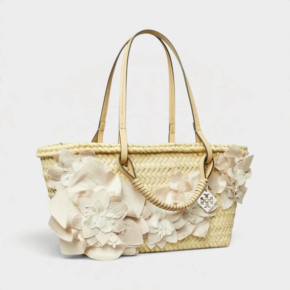 Tory Burch Small Floral Decorated Straw Tote Bag Natural Beige