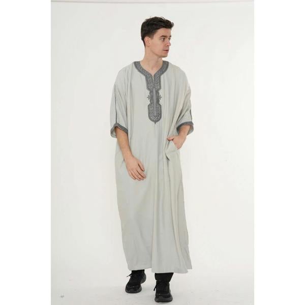 Men's Half Sleeve Embroidery Moroccan Thobe - Grey Charcoal - Thobez - 10