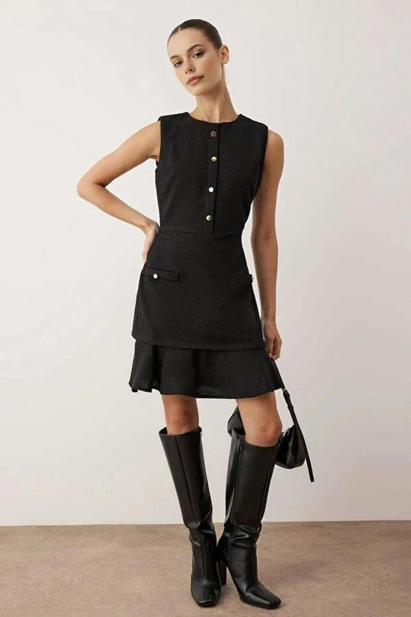 WOVCOR Buttoned Mini Tweed Woven Dress