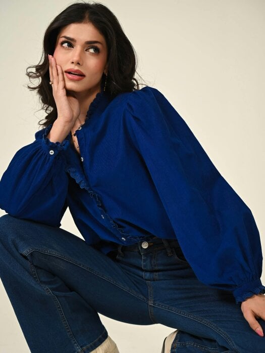 Rose & Nancy Nerys Blue Cord Embroidered Frill Blouse