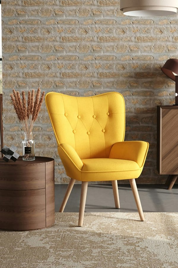 Living and Home Yellow Tufted Button Linen Accent Chair with Wooden Legs