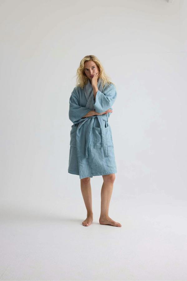 Pretty You London Short Terry Lined Linen Robe In Blue Haze