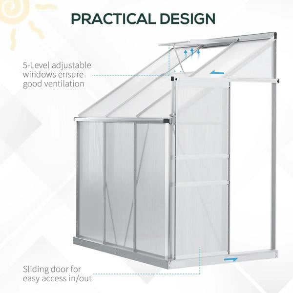Lean-to polycarbonate greenhouse with adjustable roof vent, sliding door, and clear panels.