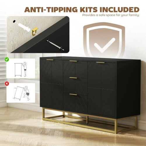 Wyld Haus Varase Black Sideboard 3 Drawers 2 Doors Gold Accents
