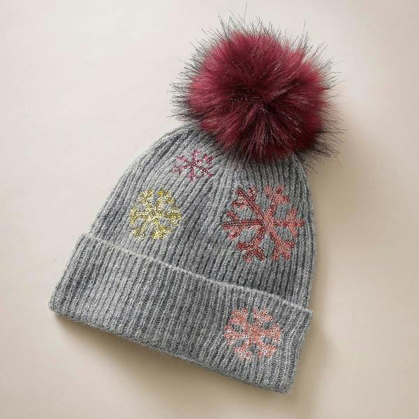 Pia Knit Bobble Hat, Grey Sequin Snowflake Winter Hat with Pompom