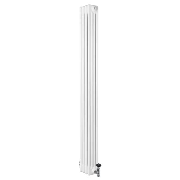 Traditional 4 column radiator in white, 1800 x 200mm, featuring a sleek vertical design and a black valve for easy temperature control
