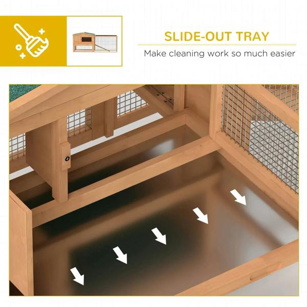Indoor tray inside wooden hutch with wire mesh side panels for easier cleaning