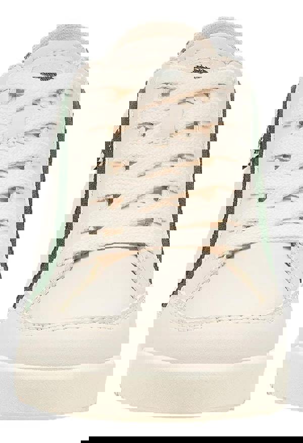 Rocket Dog Bolt Womens Casual Smart Lace Up Shoes Trainers, front view of a white sneaker with green side stripes, cream laces, and sturdy sole.