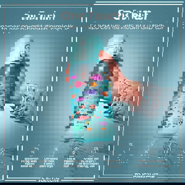 A teal water bottle, adorned with colorful fish, is being opened one-handed. The flip top opens with a single click; it's leakproof and boasts triple-lock security. The bottle rests on denim. One Touch. Flip top opens one-handed with a simple click. Flips open with a simple click. One-handed use on the go. Triple lock security. 100% leak proof - no twisting, no leaks. POD RECYCLON™.