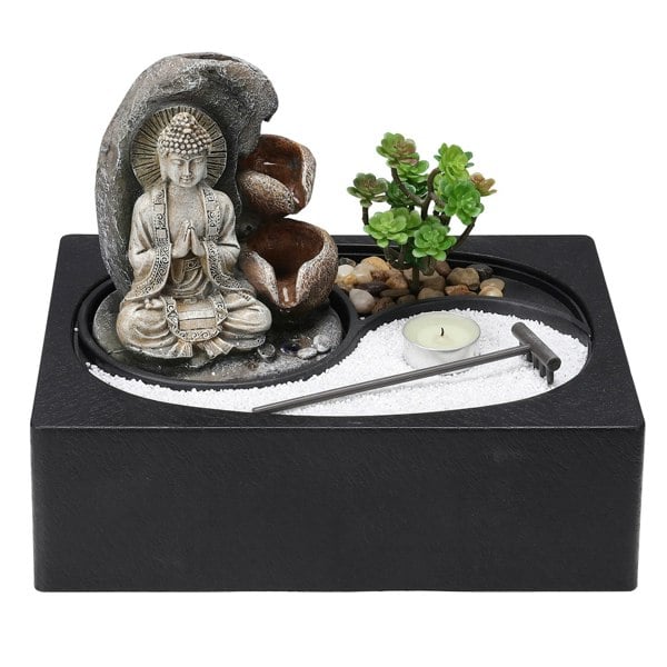 Buddha Zen Tabletop Fountain with LED Light, Tealight Holder and Succulent Fountains & Waterfalls Living and Home