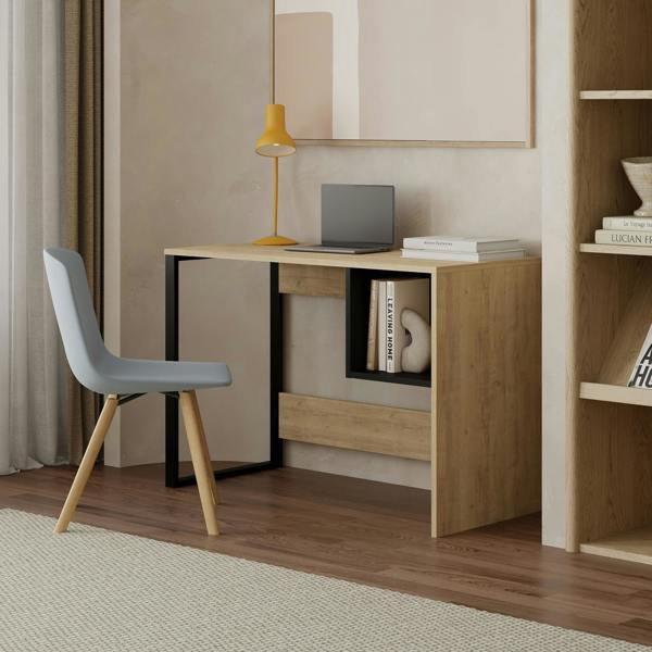 Decortie Model-4 110(W)cm Computer Desk Oak, Black Wood Workstation PC Work Table Office Gaming Desk Shelf with Black Metal Leg