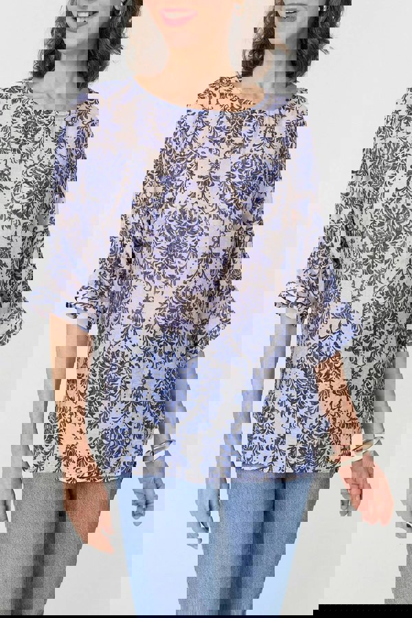 Blue | Baroque Print 3/4 Sleeve Relaxed Blouse
