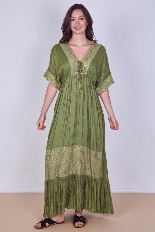 Boho Sequin leaf Embroidered Maxi Dress - Khaki