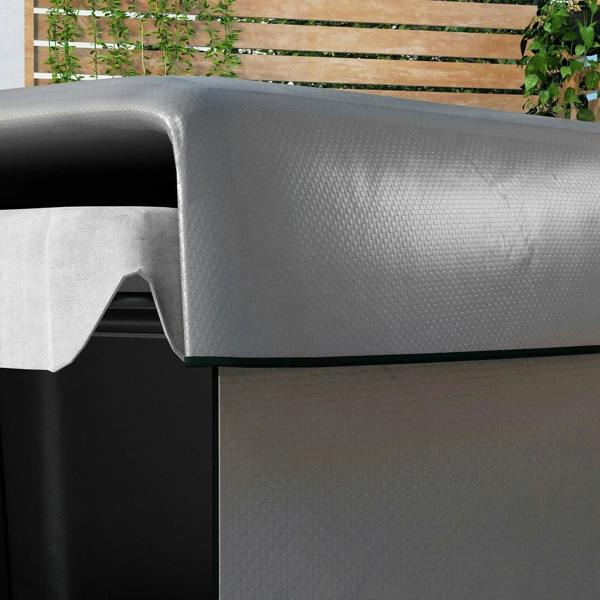 Dark grey swing chair bench cover fabric texture with stitched edge over seat corner