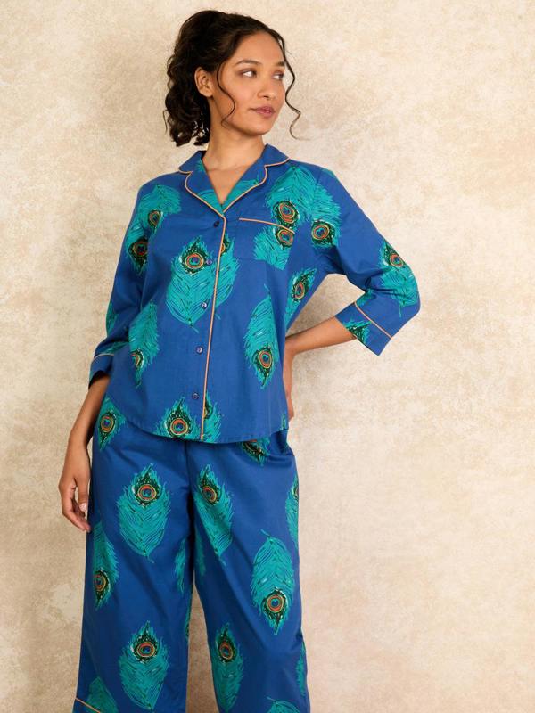 Their Nibs Navy Blue Peacock Feather Cotton Cropped Sleeve Capri Pyjama Set