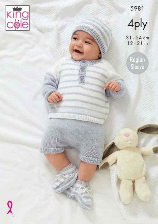 King Cole Cherished 4 Ply Knitting Pattern 5981, Sweaters, Trousers, Headwear, Shoes for Baby, 12 - 21 Inches