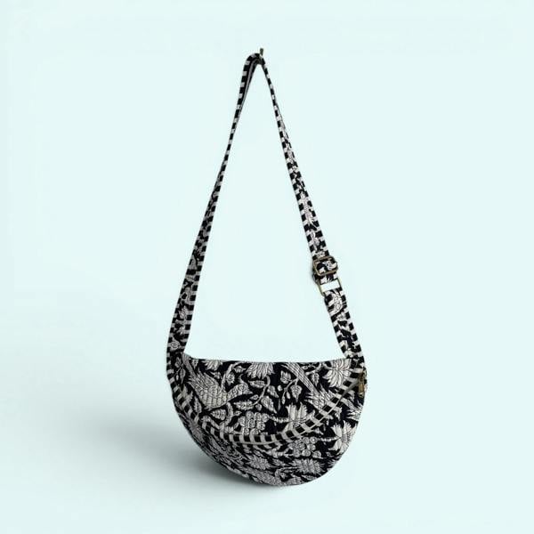 Hayley & Co Cross Body Sling Bag - Black and White Block Print Floral Cotton