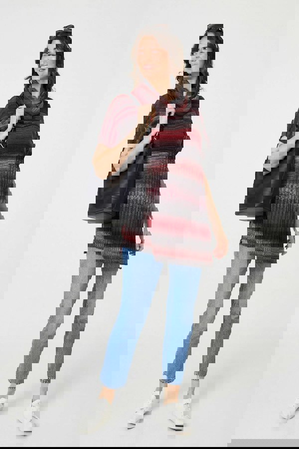 Red | Striped Cowl Neck Oversized Knit Top
