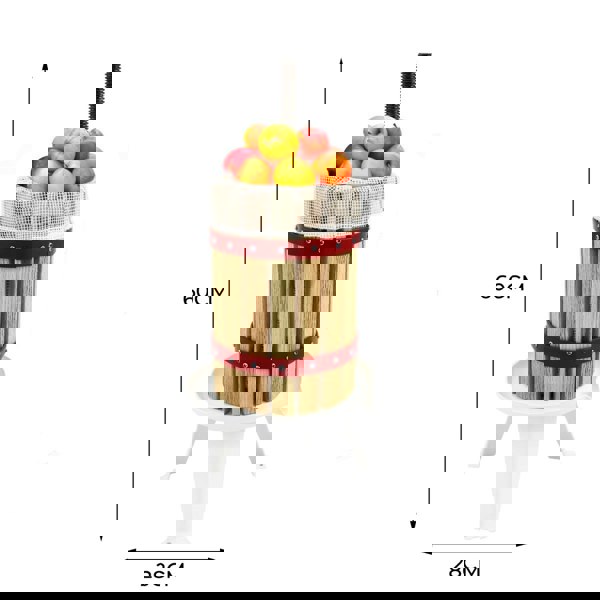 KuKoo 6 Litre Fruit Press with wooden barrel, red accents, and mesh top, filled with fresh apples, standing on a white base