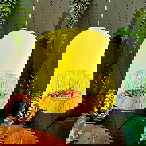 Love Frankie witch hazel botanist garden fringed lampshade in sunset velvet