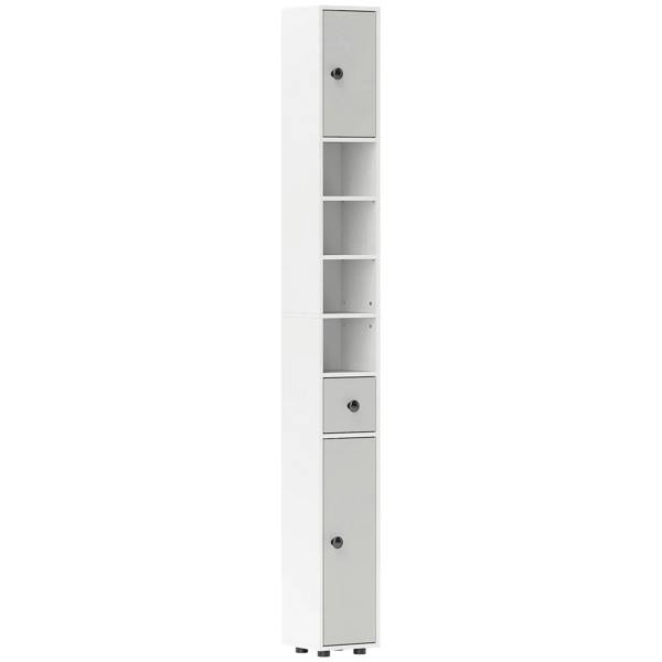 Slim bathroom cabinet, light grey, with shelves and drawers