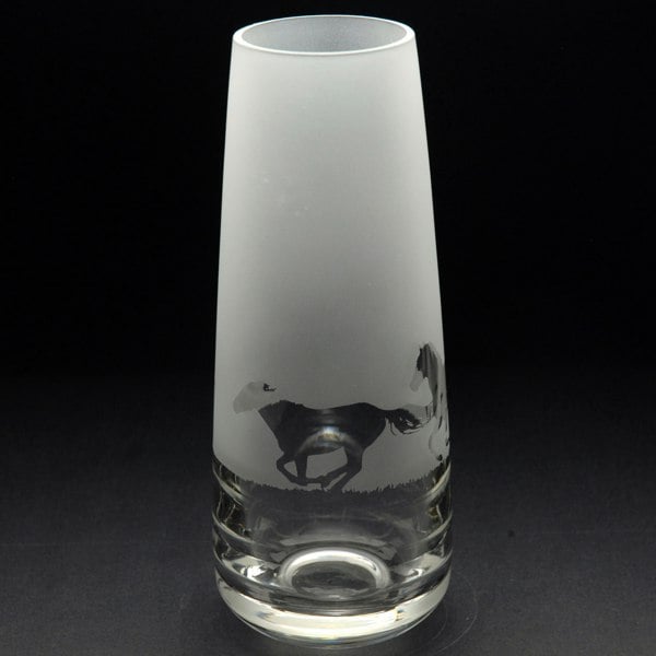 Glyptic Glass Art Galloping Horse Glass Bud Vase - Hand Etched/Engraved Gift