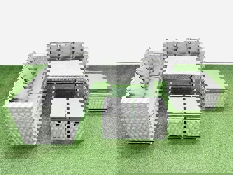 Fimous Rattan Garden Furniture Dining Set 9 seater Patio Rectangular Table 3 Seater Sofa Set with 3 Stools Light Grey