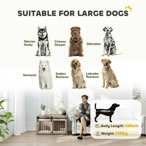 Brown wood dog crate furniture with removable cushion, cabinet-style doors and bars