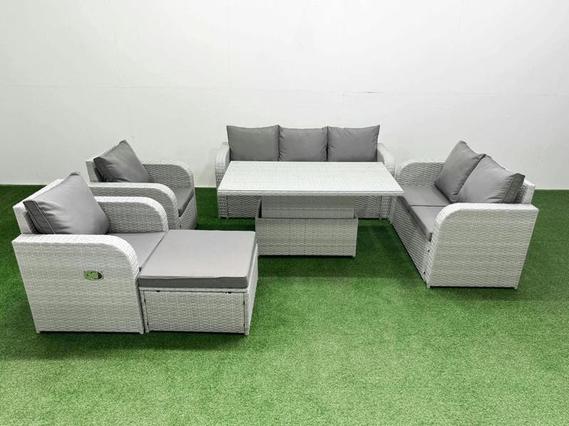 Fimous PE Rattan Patio Set, Adj Height Table, Reclining Sofa, Double Love Seat, 2 Seater Lounge and Big Footstool, Light Grey