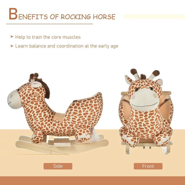 Giraffe rocking horse toy with wooden rockers, shown from side and front