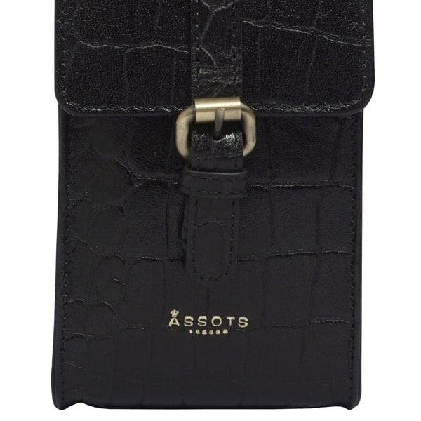 Assots London 'PETRA' Black Croc Real Leather Mobile Phone Crossbody Bag