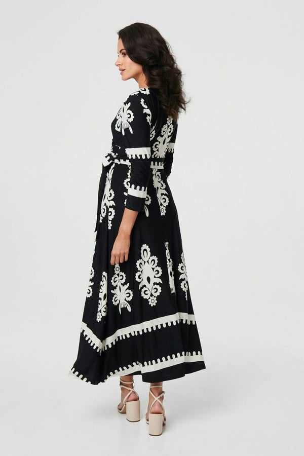 Black | Ikat Print 3/4 Sleeve Wrap Maxi Dress
