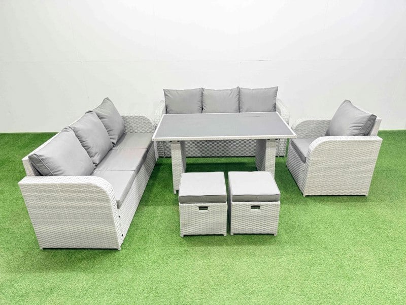 Fimous Rattan Garden Furniture Dining Set 9 seater Patio Rectangular Table Sofa Set with 2 Small Stools Light Grey