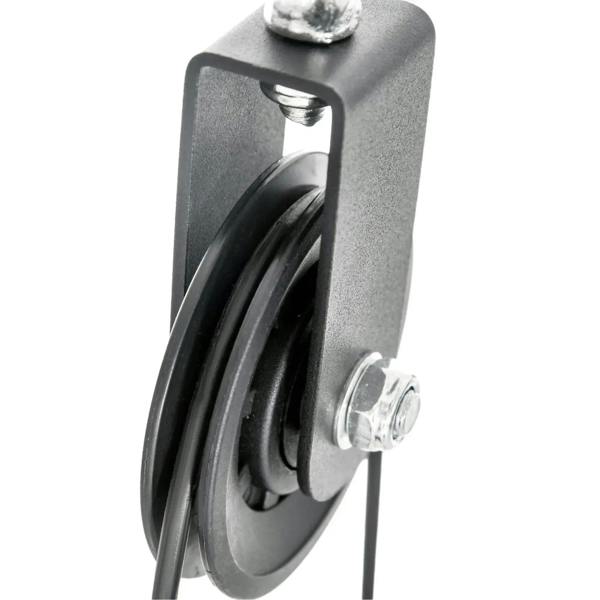 Steel side pulley with grooved black wheel and cable guide bracket