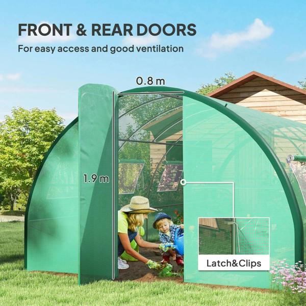 Green walk-in greenhouse polytunnel showing front and rear door panels