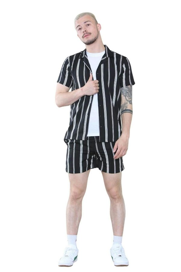 Men's Black Striped Shirt and Shorts Set