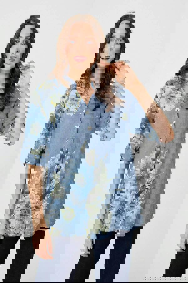 Blue | Floral Relaxed Turn-Up Sleeve Blouse : Model is 5'9"/175 cm and wears UK8/EU36/US4/AUS8