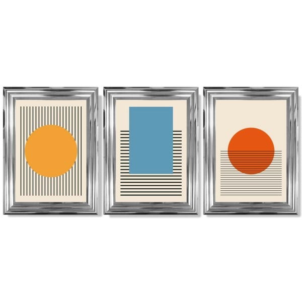 Set of 3 Geometric Yellow Blue Red Framed Art Prints with Glossy Chrome Frames