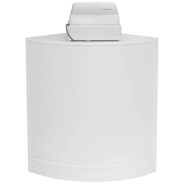Brilliant white curved shop counter with a sleek design, featuring a cash register on top, ideal for retail displays and customer service