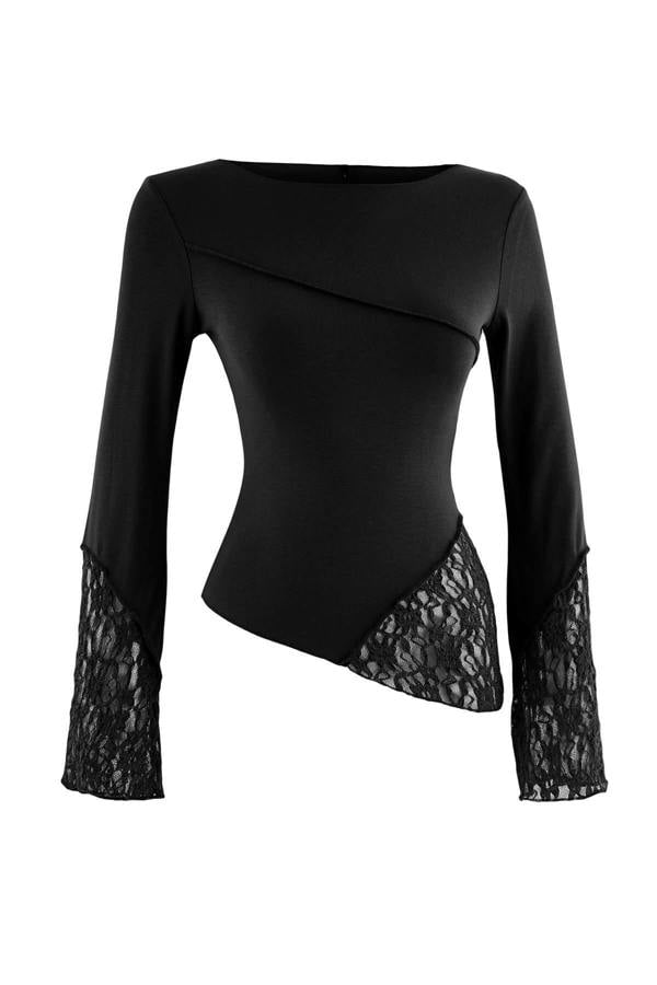 WOVCOR Boat Neck Spanish Sleeve Lace Detail Fitted Blouse