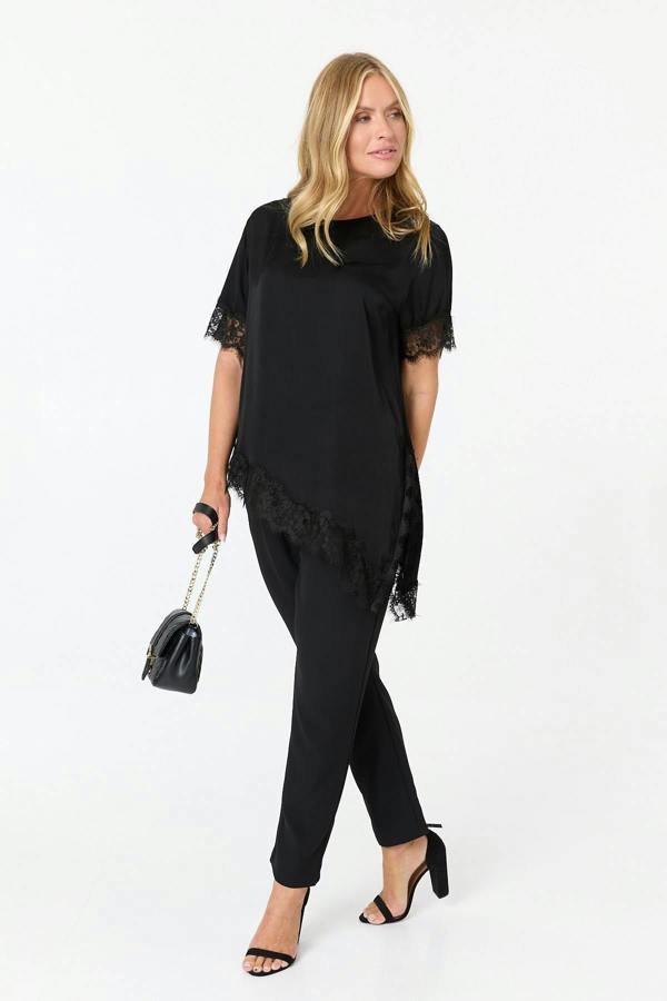 Black | Lace Trim Asymmetric 1/2 Sleeve Top
