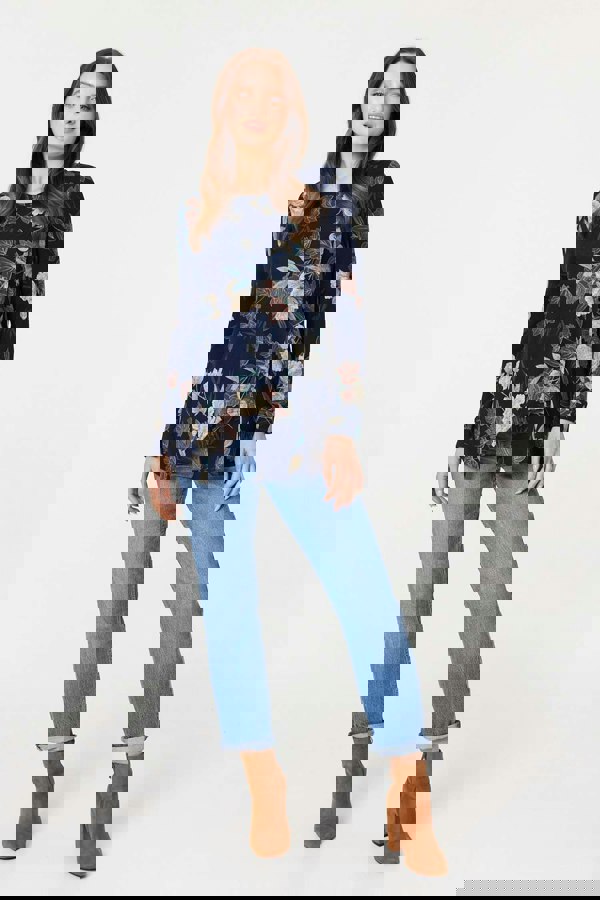 Navy | Floral Print Asymmetric Button Top