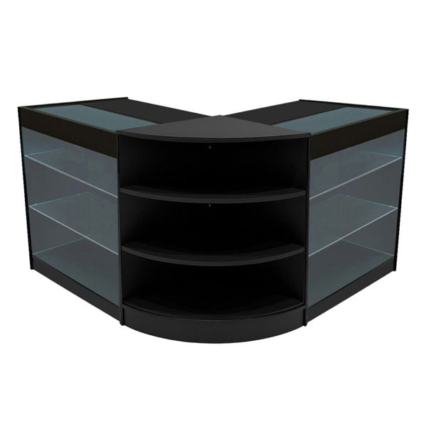 Black Apollo LED shop counter set with two glass display shelves and sleek curved design, ideal for retail environments