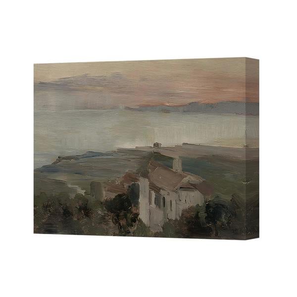 Benjamin Tate Design Soft Sunset Landscape Canvas Wall Art Featuring A Cozy Mountain House