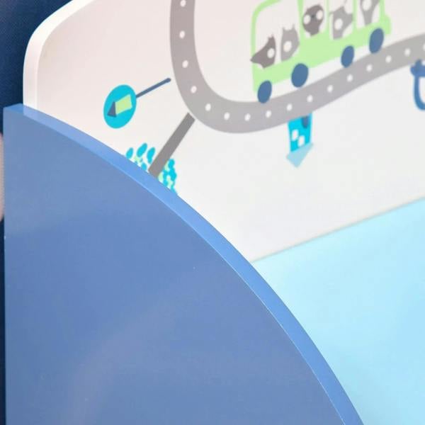 Blue storage box side panel with hinge area and colorful play graphic on lid
