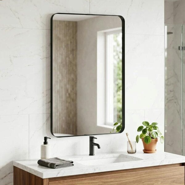 Rectangular Wall Mirror, 90 x 60 cm Wall Mounted Bathroom Mirror with Aluminium Alloy Frame and Tempered Glass, Black