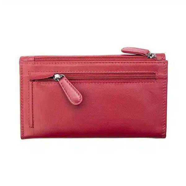 Back view of red leather wallet with a zipper on a white background