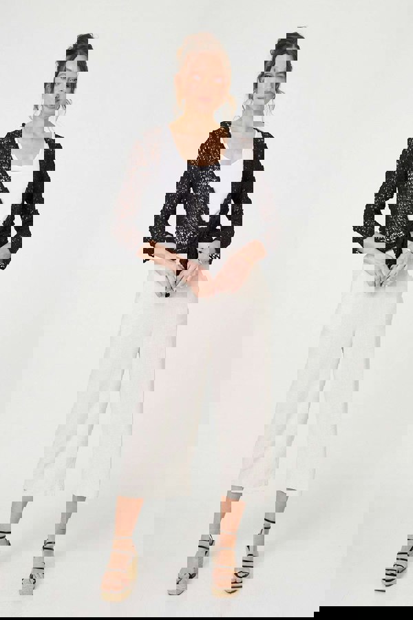 Black | Crochet Open Knit Waterfall Cardigan
