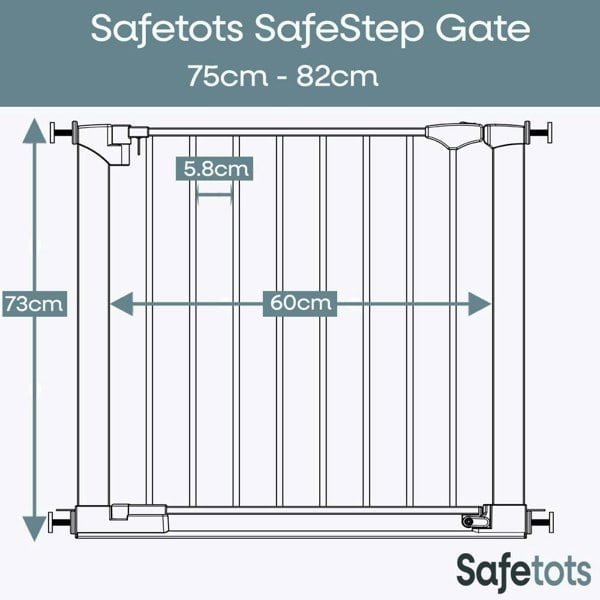 Safetots SafeStep Gate, White, 75cm - 82cm, Extra Low Walkthrough, Pressure Fit Safety Gate, Baby Gate for Stairs and Doors
